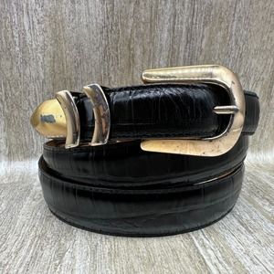 Brighton Onyx Leather Belt Womens Size 48 Croc Embossed Black‎ Gold Tone Buckle